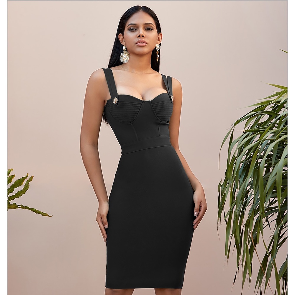 Black Embellished Bustier Dress Sz M Bandage
Midi NWT